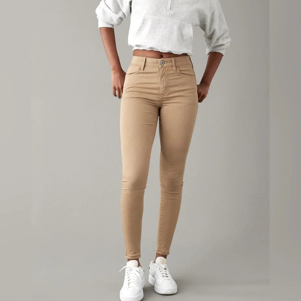 AE sz US 4 27W Hi-Rise jeggings stretch standard khaki NWT - Picture 1 of 9